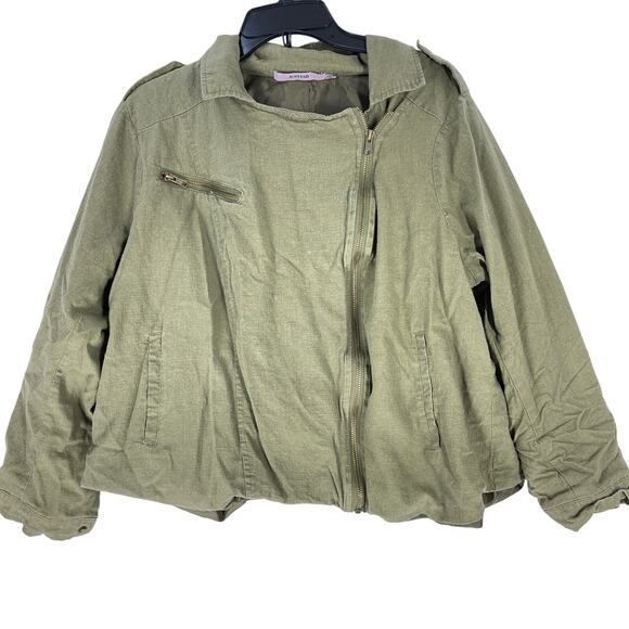 JustFab Jacket Women Plus 1X Green Linen Viscose Full Zip Minimalist Lagenlook - Picture 1 of 5